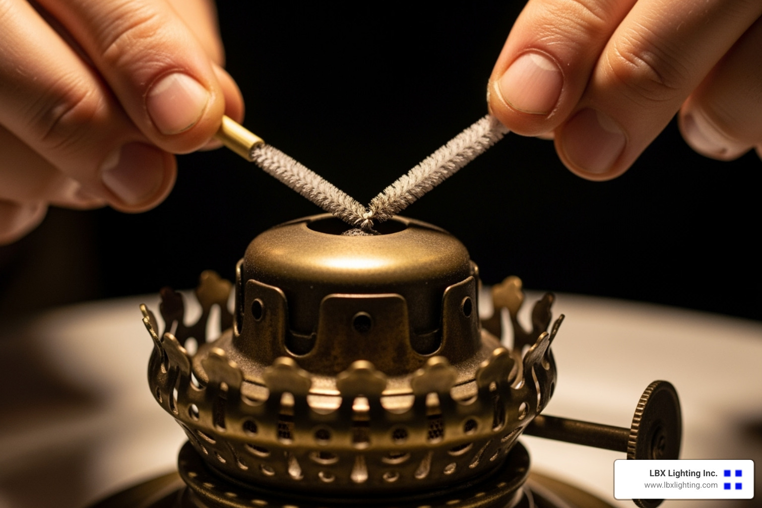 person carefully cleaning a gas burner tip with a pipe cleaner - gas lamp restoration