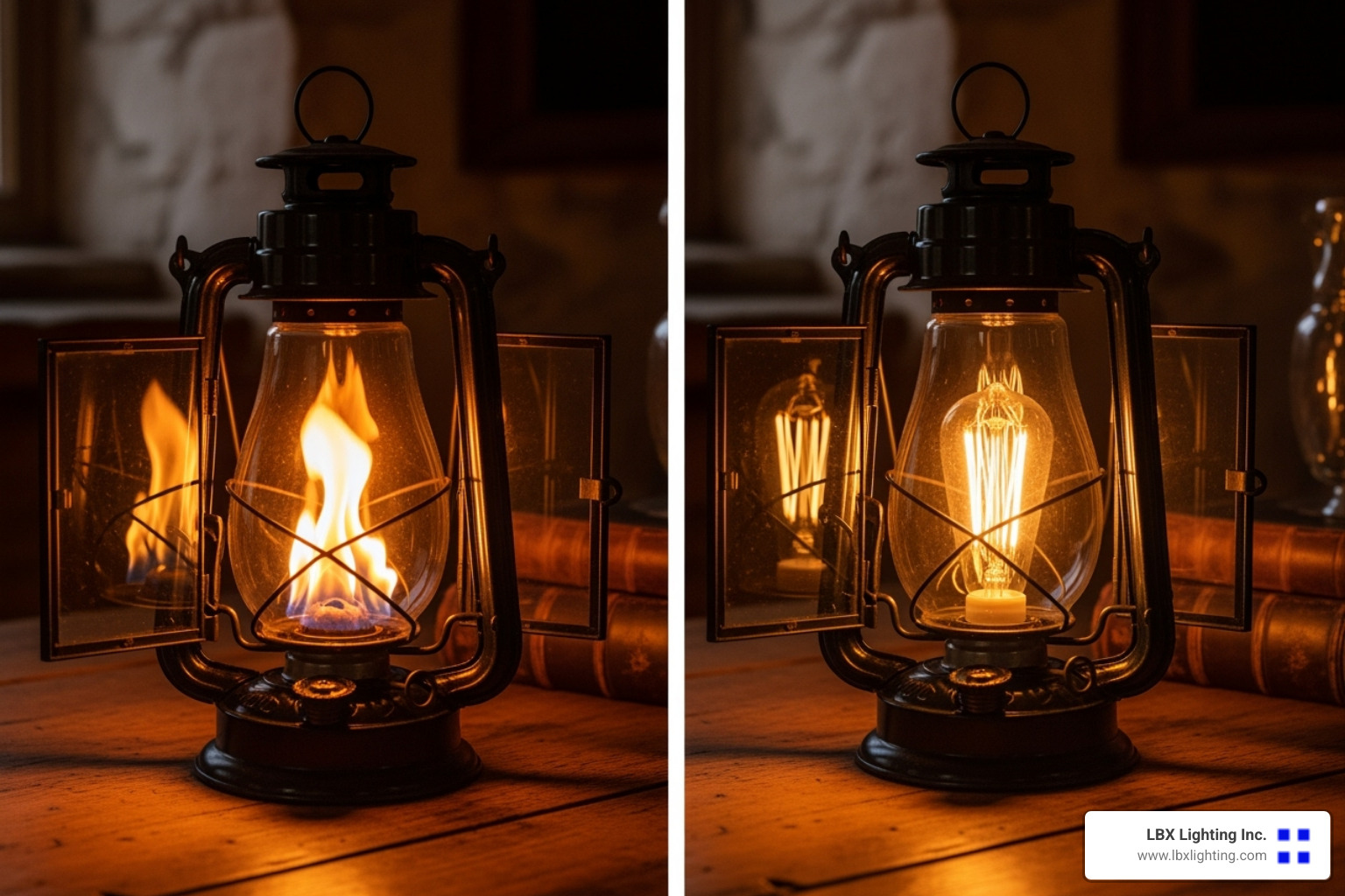 side-by-side comparison of a gas flame and an electric flame-effect bulb in a lantern - gas lamp restoration