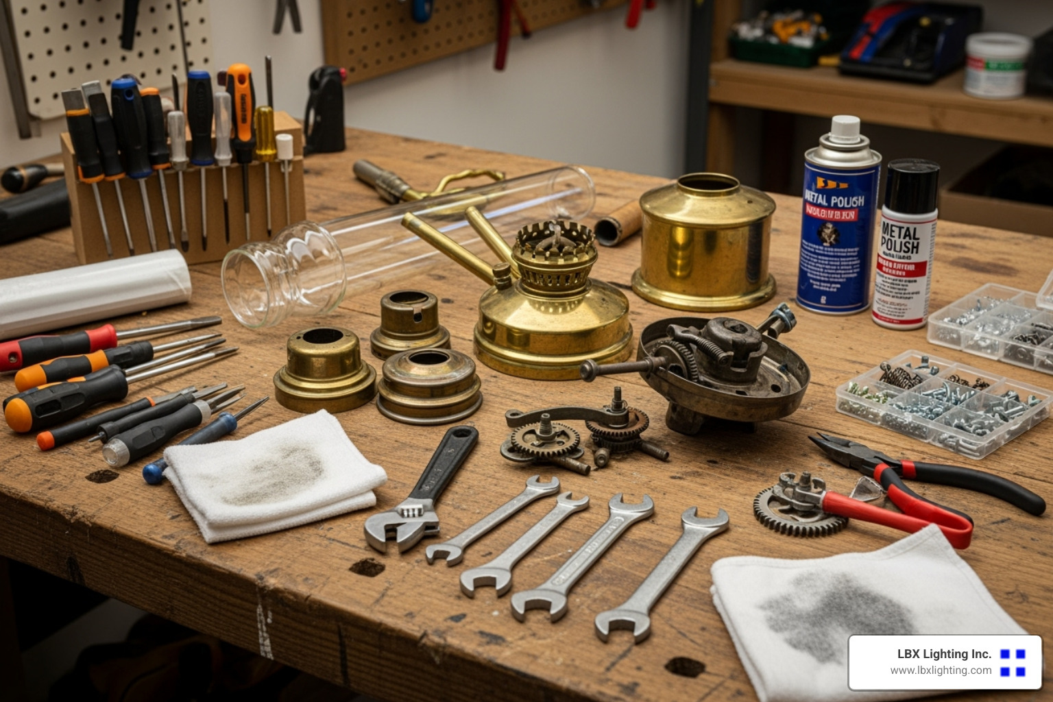 workbench with disassembled gas lamp parts and restoration tools - gas lamp restoration