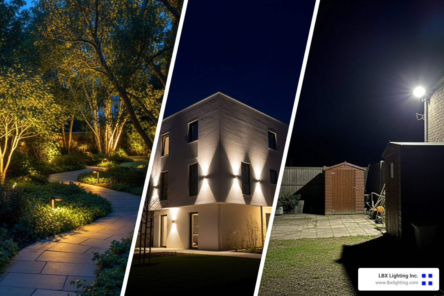 collage showcasing landscape, architectural, and security lighting applications - Exterior lighting specialists
