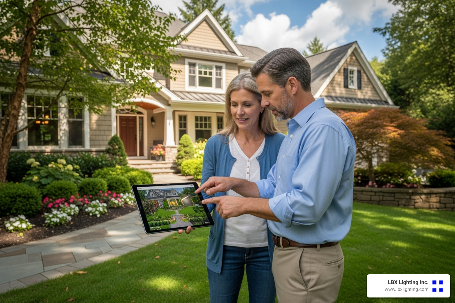 lighting specialist consulting with a homeowner over a design plan - Exterior lighting specialists