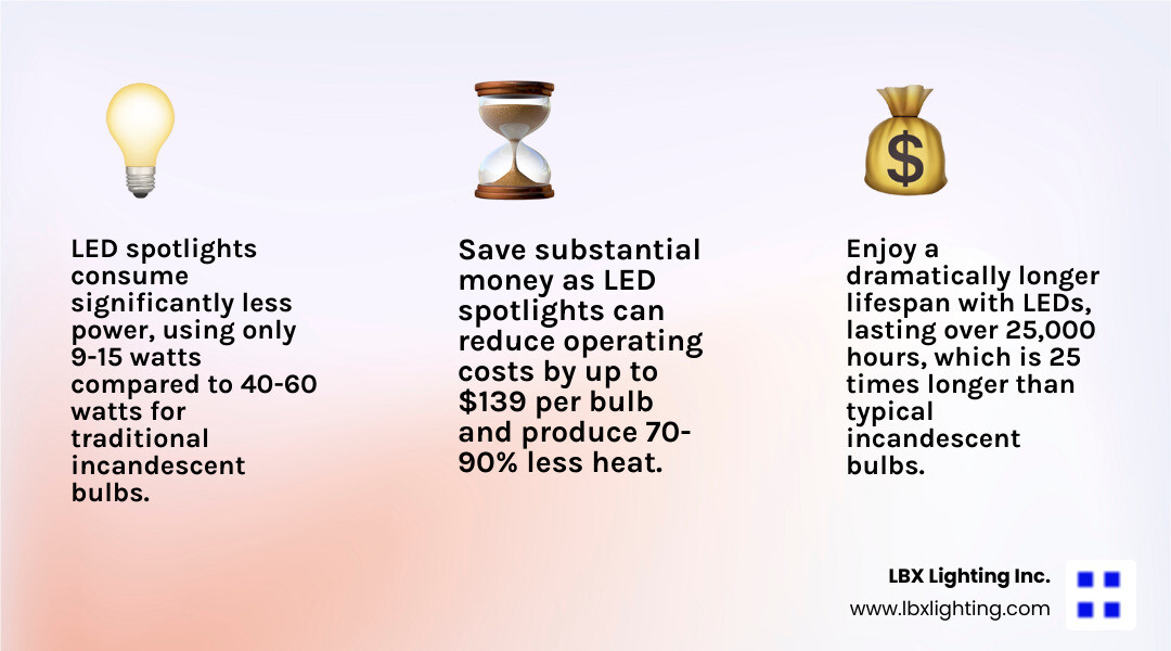 Infographic showing energy consumption comparison between LED spotlight (9-15W, 25,000 hours lifespan, $30 operating cost) versus incandescent spotlight (40-60W, 1,000 hours lifespan, $169 operating cost) with visual representations of money saved and environmental impact - energy efficient spotlight bulbs infographic 3_facts_emoji_light-gradient