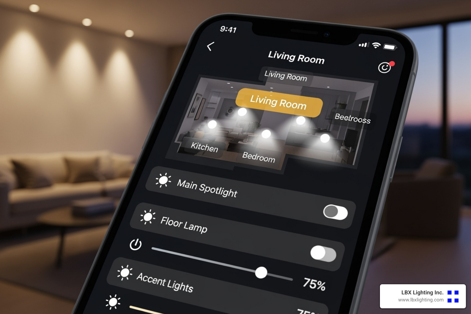 of a smartphone screen controlling smart spotlights in a home - energy efficient spotlight bulbs