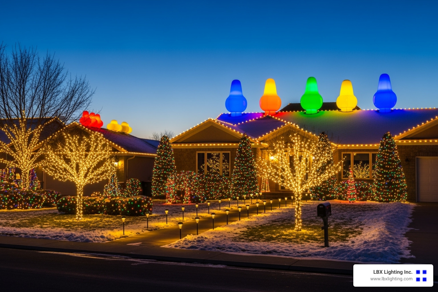 various light types like C9 bulbs and wrapped trees - christmas light installation houston