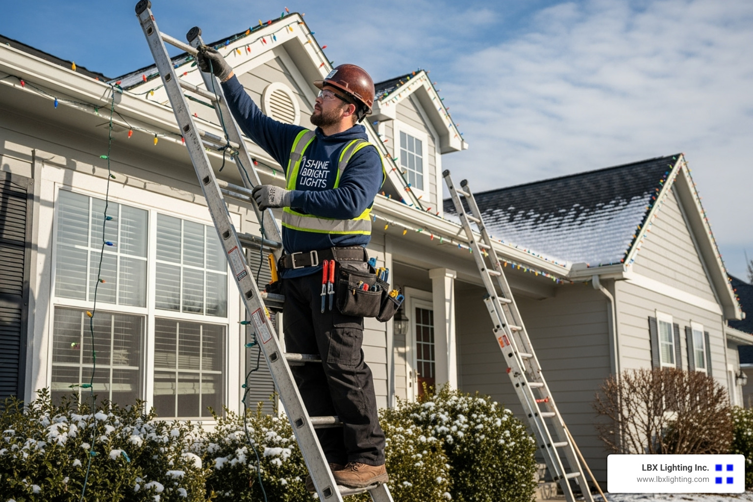 professional installers safely on a ladder - christmas light installation houston