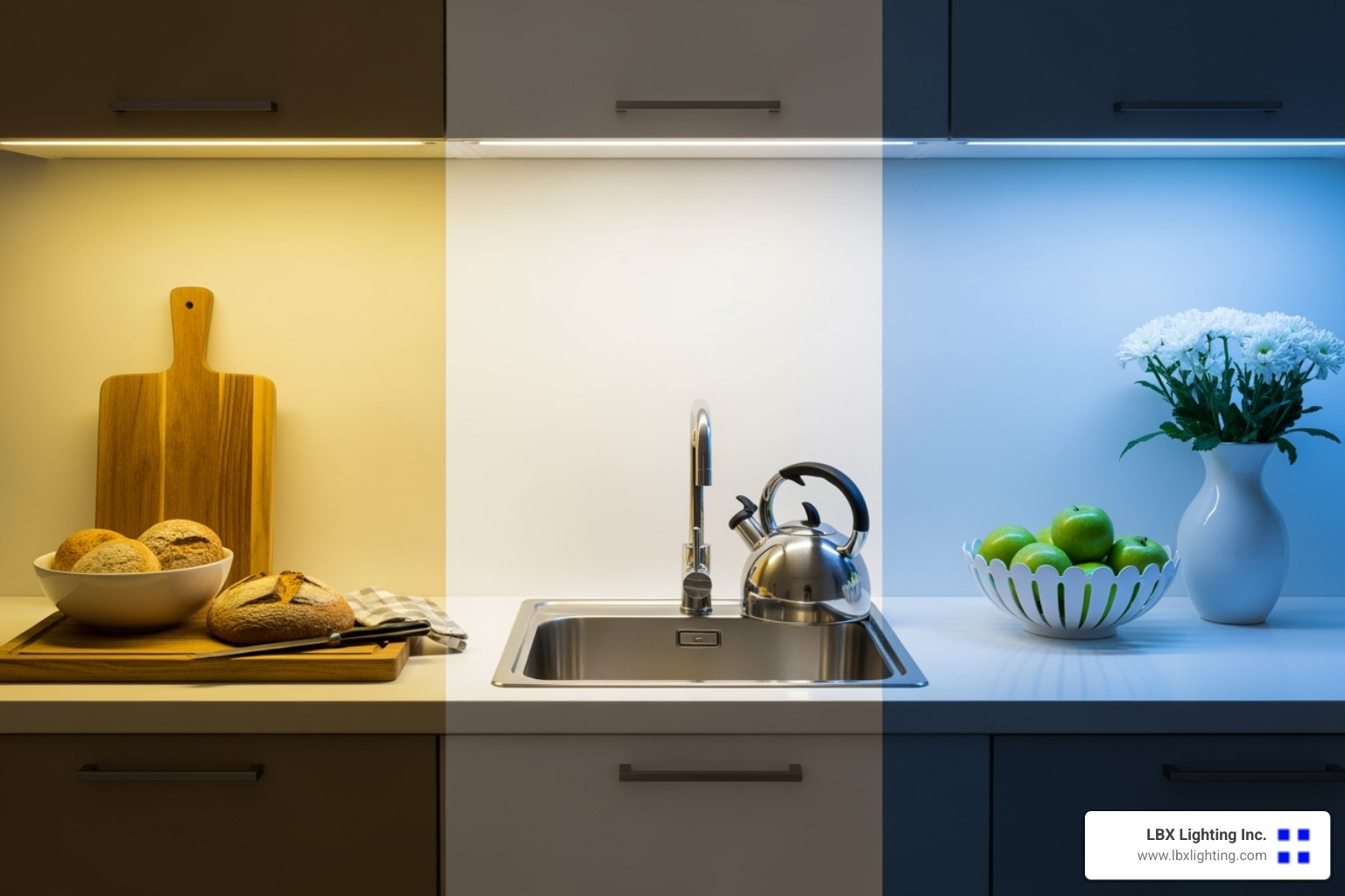 illustrating the difference between warm white, neutral white, and cool white light in a kitchen setting - energy efficient spotlight bulbs