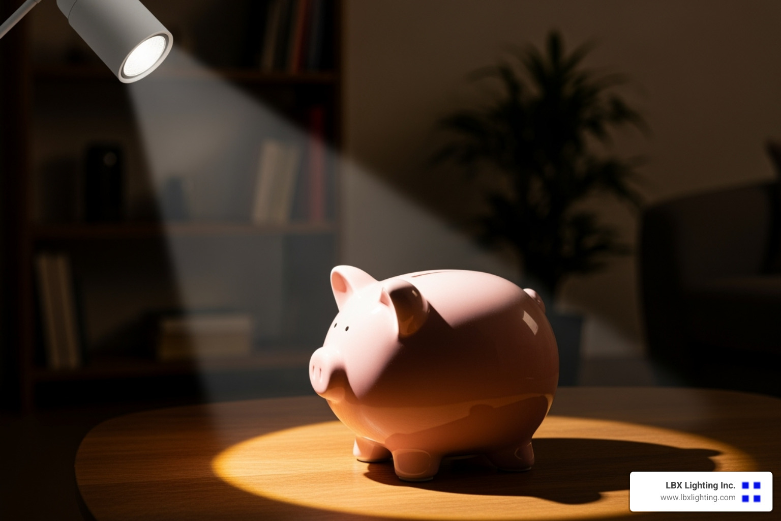 of a piggy bank glowing under the light of an LED spotlight bulb - energy efficient spotlight bulbs