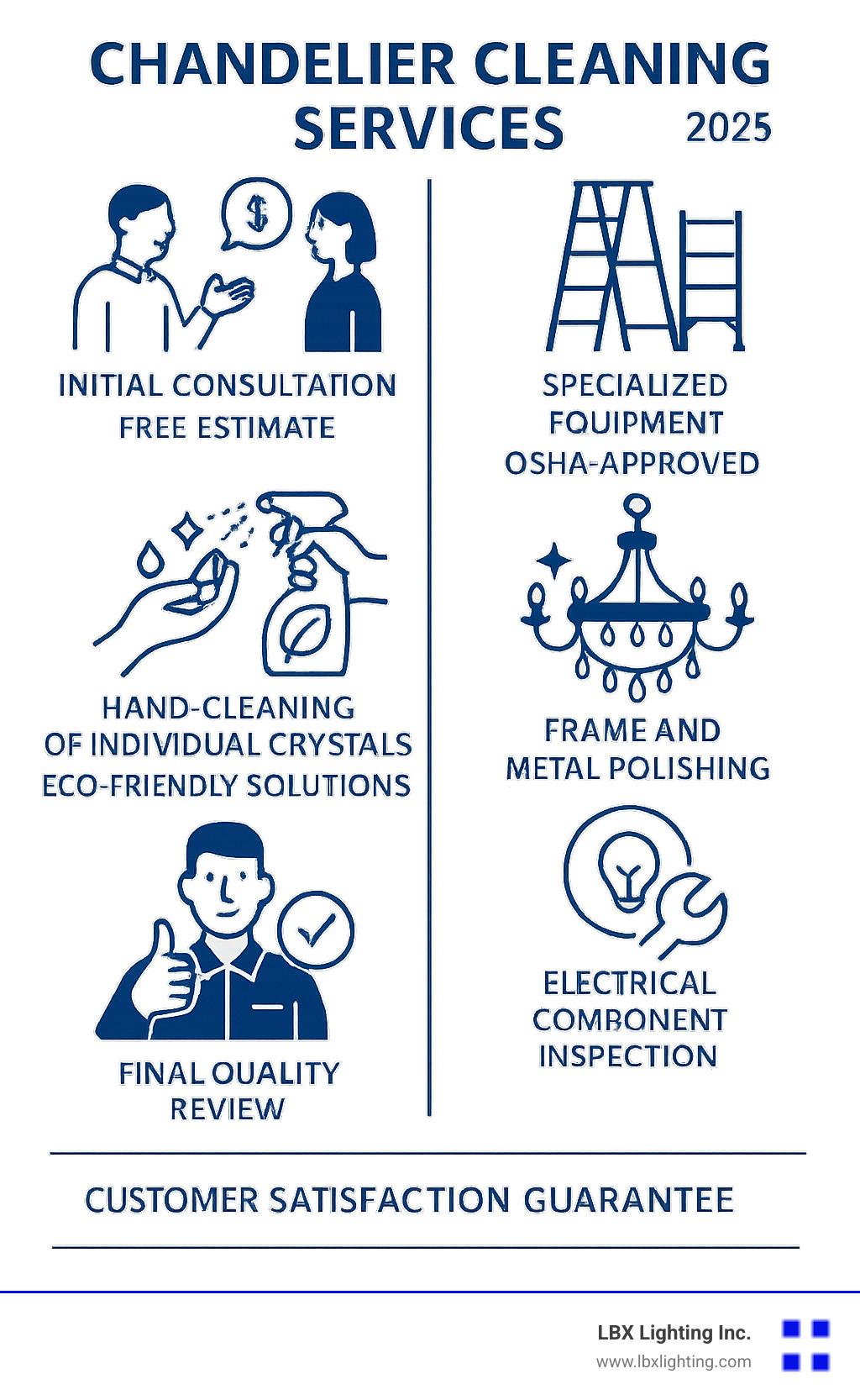 Infographic showing the key components of chandelier cleaning services: initial consultation with free estimate, specialized equipment including OSHA-approved ladders and scaffolding, hand-cleaning of individual crystals using eco-friendly solutions, frame and metal polishing, electrical component inspection, and final quality review with customer satisfaction guarantee - chandelier cleaner near me infographic 
