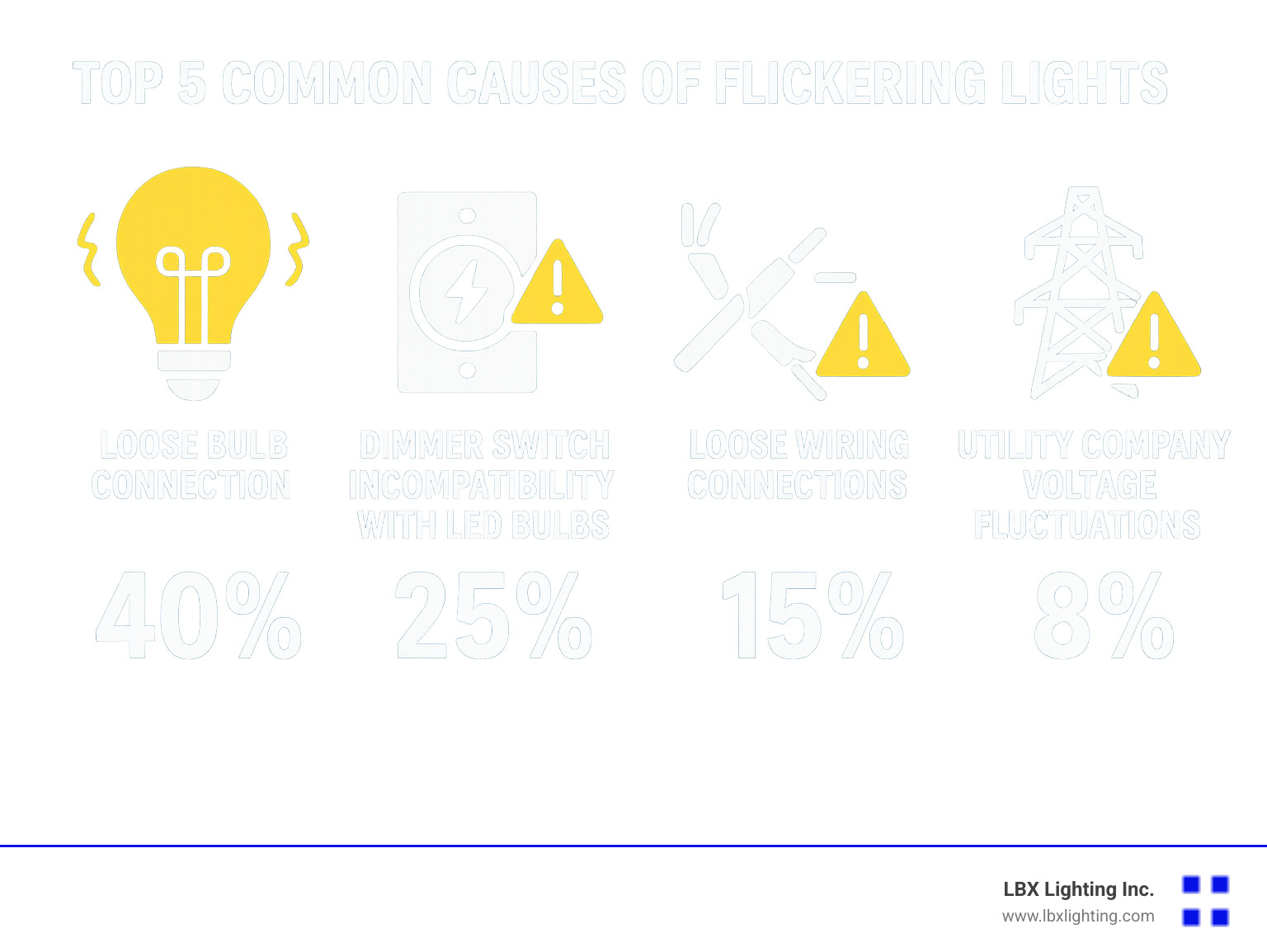 Infographic showing the top 5 common causes of flickering lights: loose bulb connection at 40%, dimmer switch incompatibility with LED bulbs at 25%, overloaded electrical circuit at 15%, loose wiring connections at 12%, and utility company voltage fluctuations at 8%, with safety icons and warning symbols for each cause - Fix flickering lights infographic 