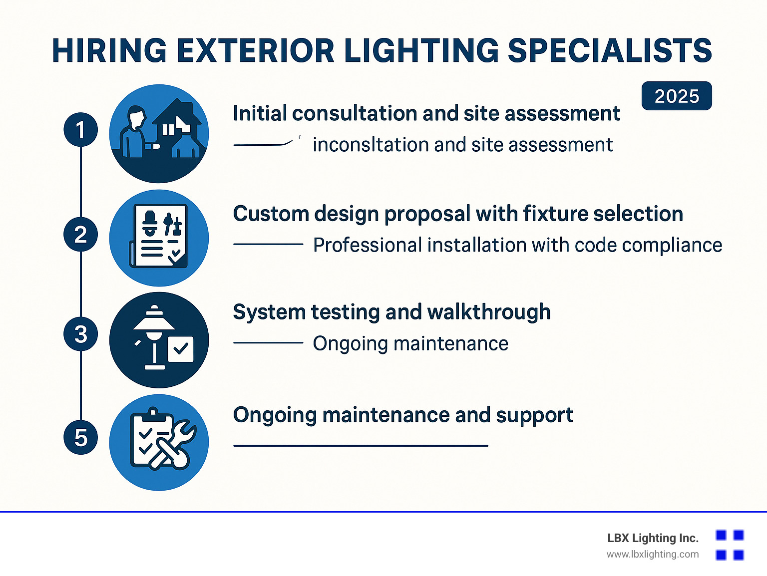 Infographic showing the step-by-step process of hiring exterior lighting specialists: 1) Initial consultation and site assessment, 2) Custom design proposal with fixture selection, 3) Professional installation with code compliance, 4) System testing and walkthrough, 5) Ongoing maintenance and support - Exterior lighting specialists infographic 