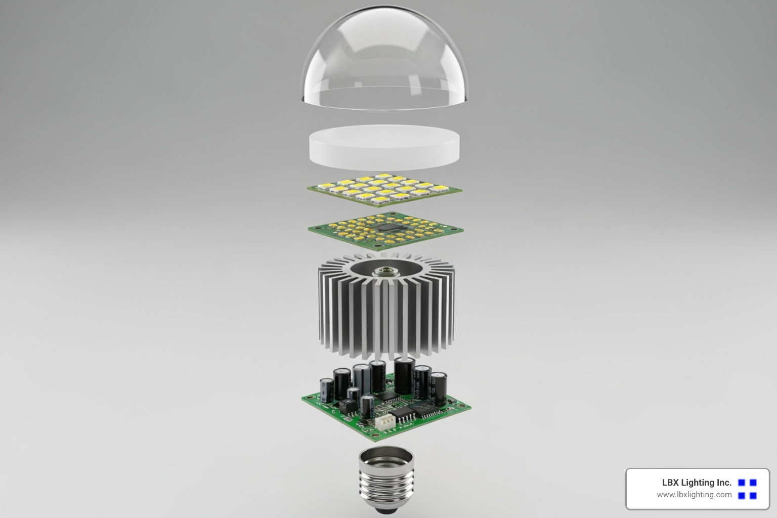 Exploded view of a high-quality LED bulb's internal components, showing heat sink, driver, and LED chips - Quality lighting products