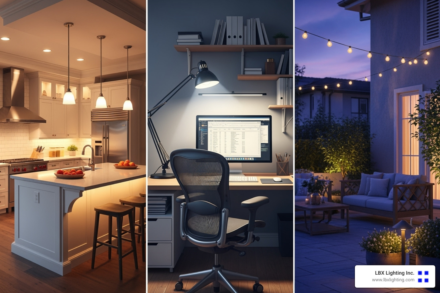 Collage of diverse lighting applications including a modern kitchen, a productive office workspace, and an inviting outdoor patio - Quality lighting products