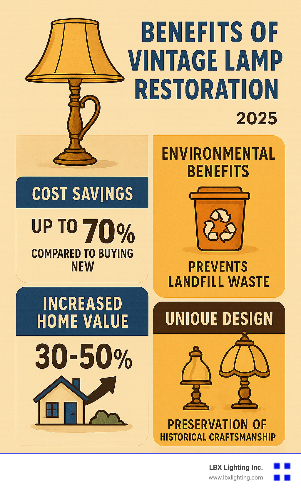 Infographic showing the benefits of vintage lamp restoration including cost savings of up to 70% compared to buying new, environmental benefits of preventing landfill waste, increased home value of 30-50%, unique design elements unavailable in modern lamps, and preservation of historical craftsmanship - vintage lamp restoration infographic 