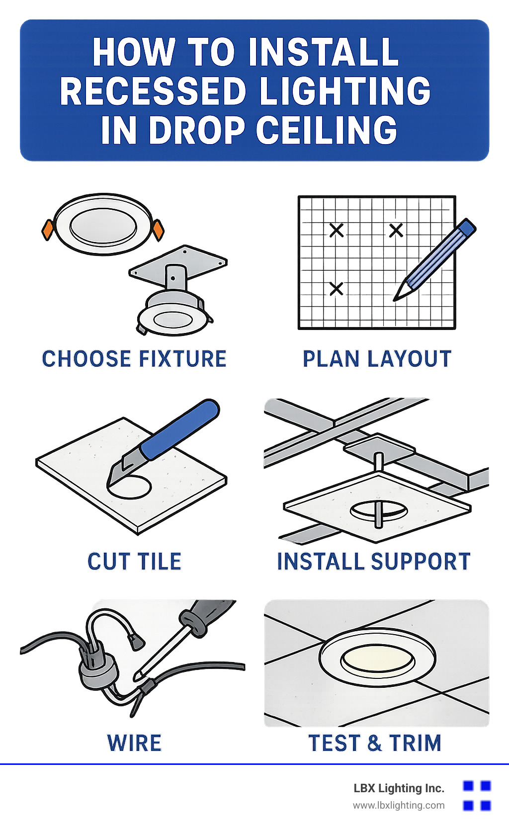 Step-by-step guide showing the 6 main phases of installing recessed lighting in drop ceilings: fixture selection with LED options, layout planning on graph paper, precise tile cutting with utility knife, support structure installation with T-grid plates, safe wiring connections, and final testing with trim installation - how to install recessed lighting in drop ceiling infographic 