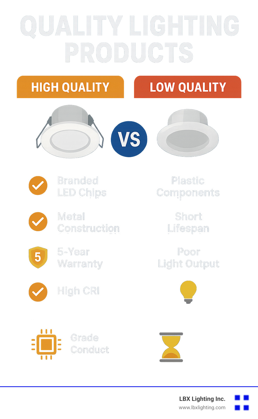 Infographic showing comparison between high-quality lighting fixtures with branded LED chips, metal construction, 5-year warranties, and high CRI ratings versus low-quality alternatives with plastic components, short lifespans, and poor light output - Quality lighting products infographic 