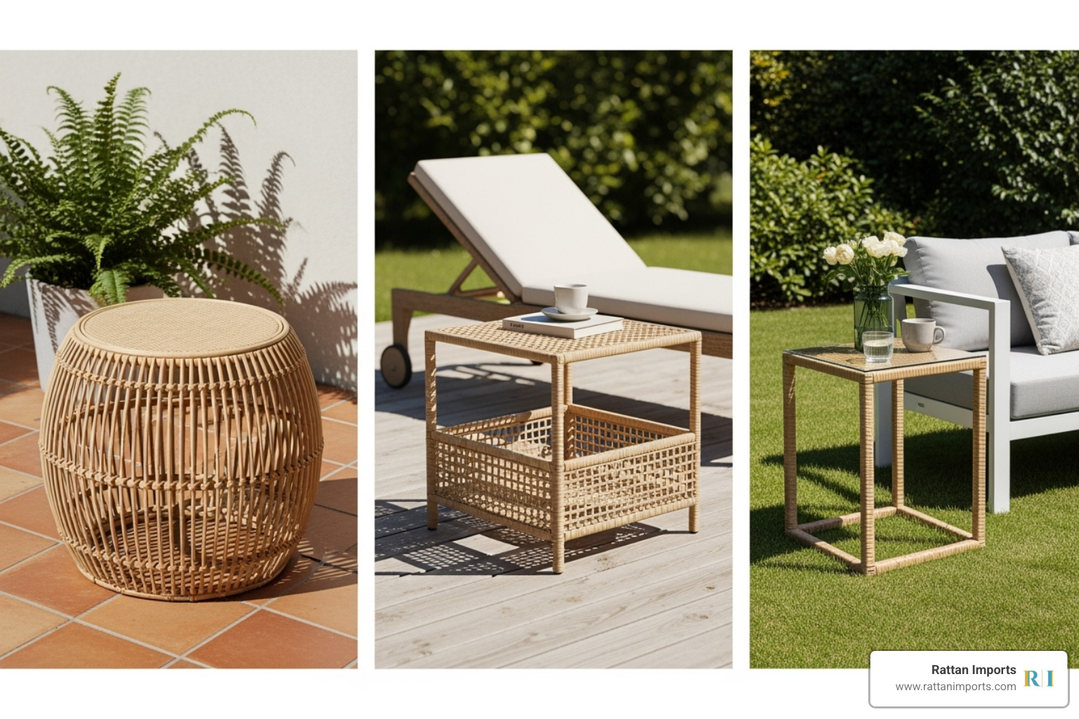 Collage of different styles of rattan side tables: a round drum table, a square table with a storage shelf, and a modern rectangular design - outdoor side table rattan Collage of different styles of rattan side tables: a round drum table, a square table with a storage shelf, and a modern rectangular design - outdoor side table rattan