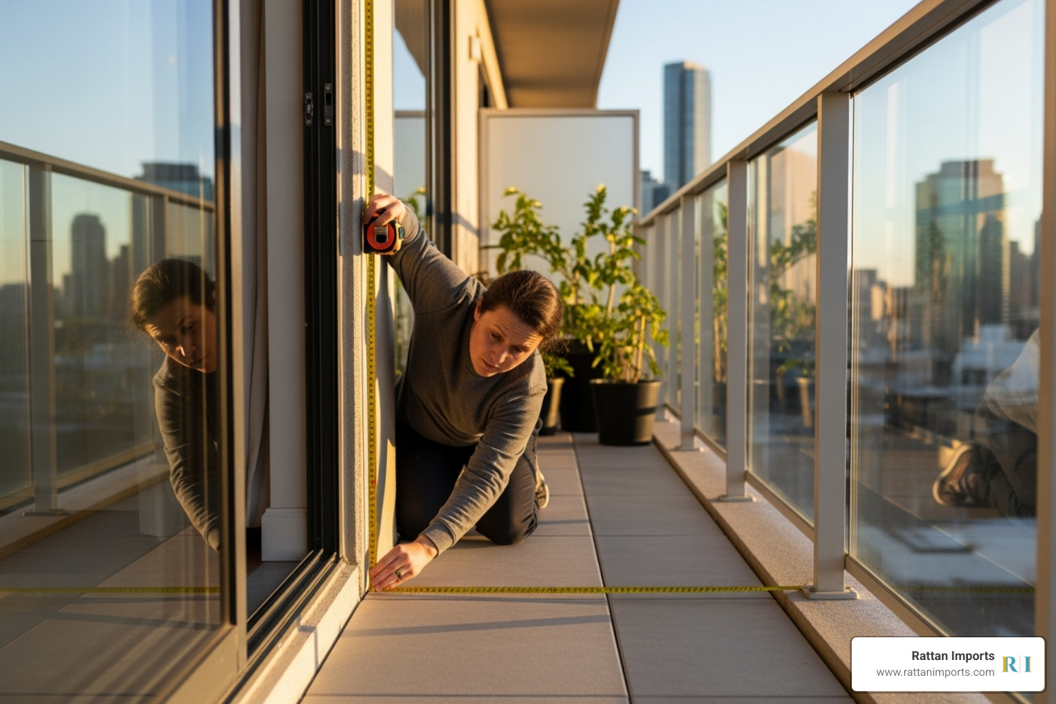 Person using a tape measure on their balcony to size up the space for a new side table - outdoor side table rattan Person using a tape measure on their balcony to size up the space for a new side table - outdoor side table rattan
