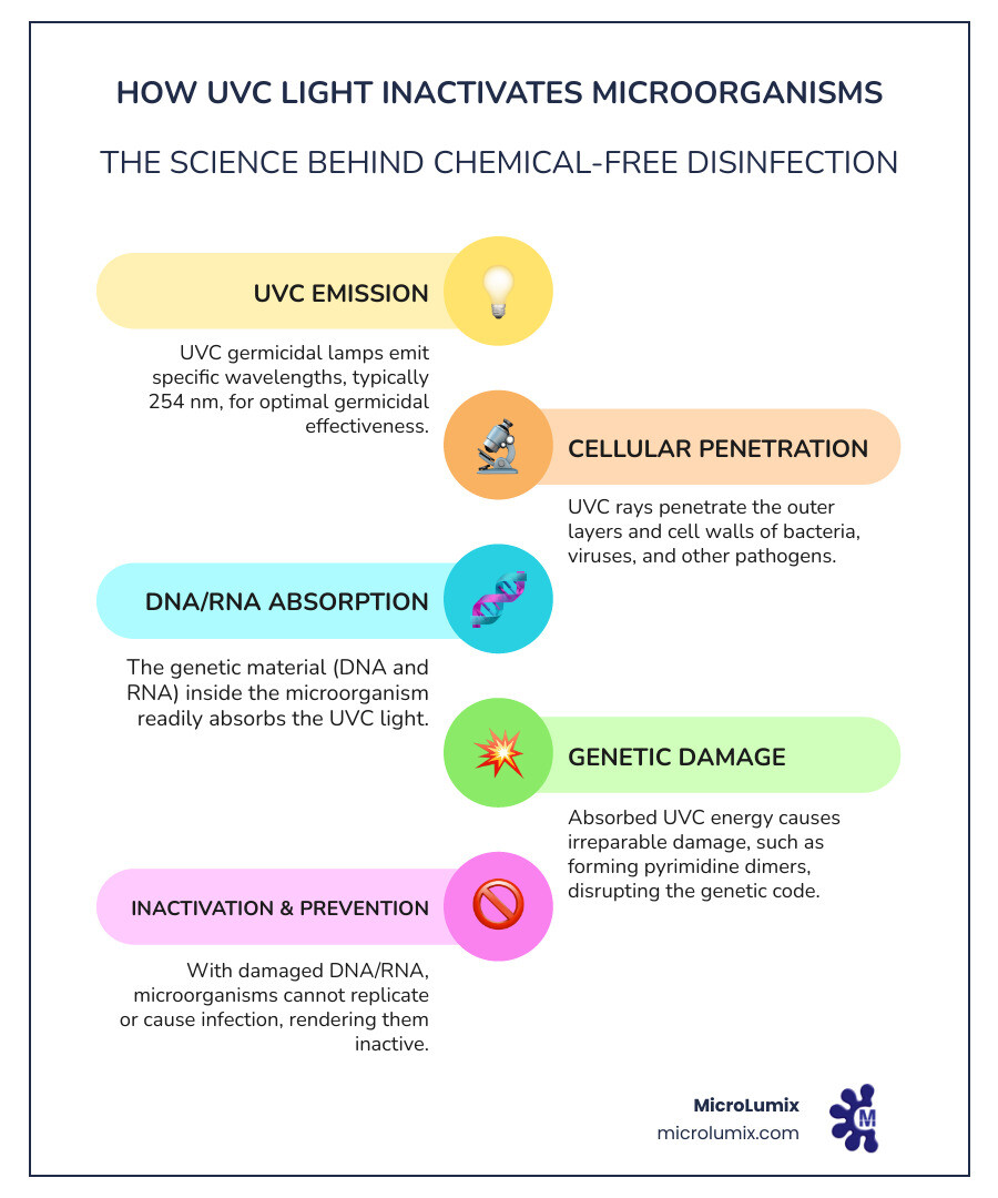 Detailed infographic showing UVC light at 254nm wavelength penetrating bacterial and viral cells, disrupting DNA double helix structure and RNA chains, preventing cellular replication and rendering pathogens inactive - UVC germicidal lamps infographic infographic-line-5-steps-colors Detailed infographic showing UVC light at 254nm wavelength penetrating bacterial and viral cells, disrupting DNA double helix structure and RNA chains, preventing cellular replication and rendering pathogens inactive - UVC germicidal lamps infographic infographic-line-5-steps-colors