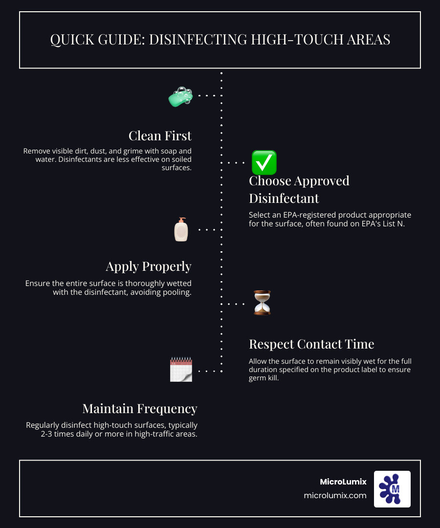 Infographic showing step-by-step process for disinfecting high-touch areas including identification of surfaces like doorknobs and light switches, selection of EPA-approved disinfectants, proper application technique with contact time, and recommended frequency schedule of 2-3 times daily - Disinfecting high touch areas infographic infographic-line-5-steps-dark
