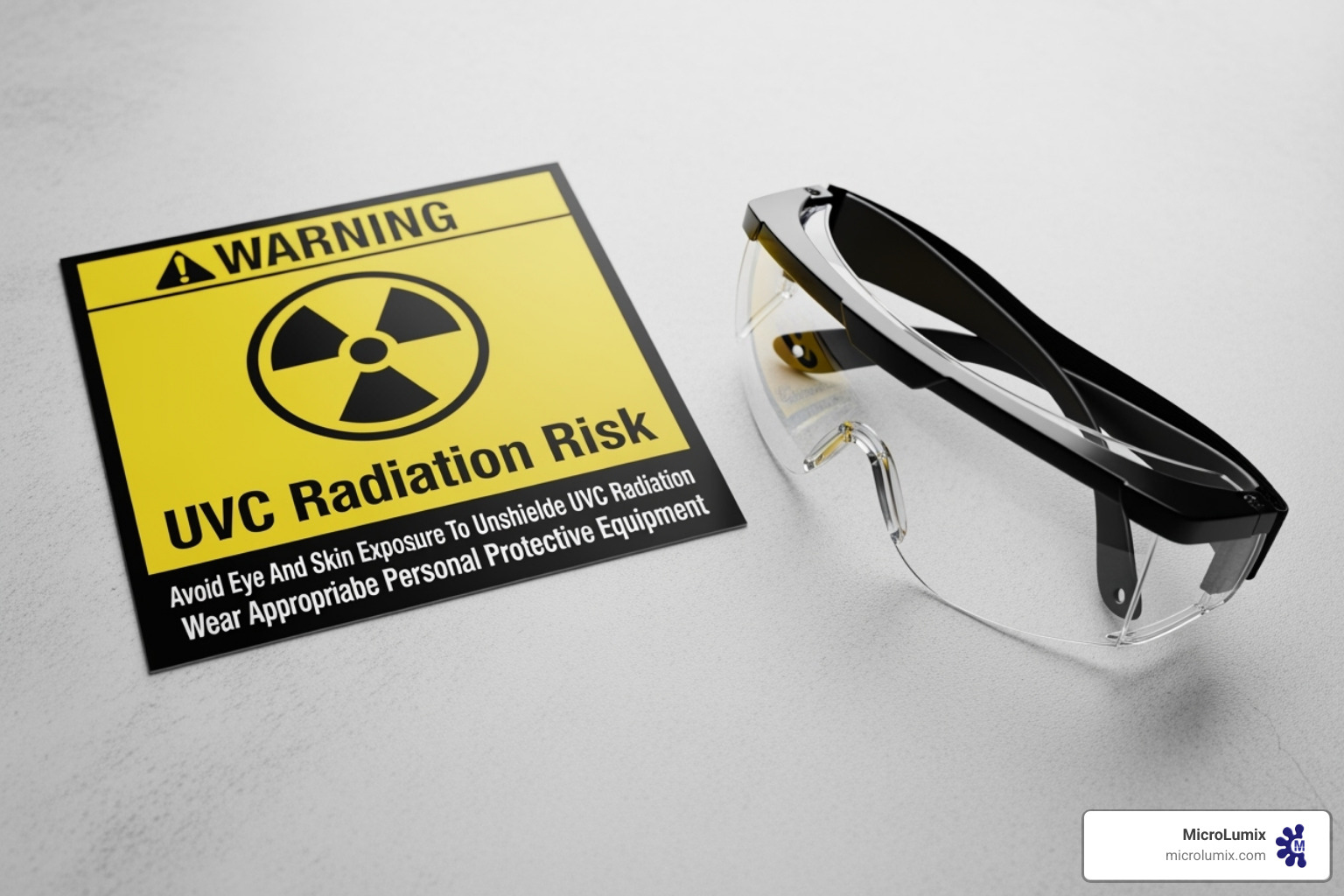UVC warning label and safety goggles - UVC germicidal lamps UVC warning label and safety goggles - UVC germicidal lamps