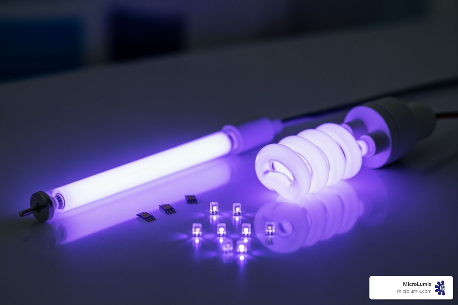 Different types of UVC bulbs like linear, compact, and UVC-LED chips - UVC germicidal lamps Different types of UVC bulbs like linear, compact, and UVC-LED chips - UVC germicidal lamps