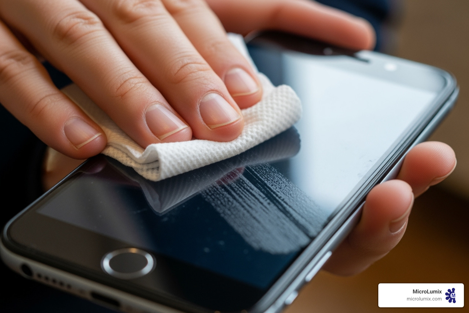 Image of a hand wiping a smartphone with an alcohol wipe - Disinfecting high touch areas