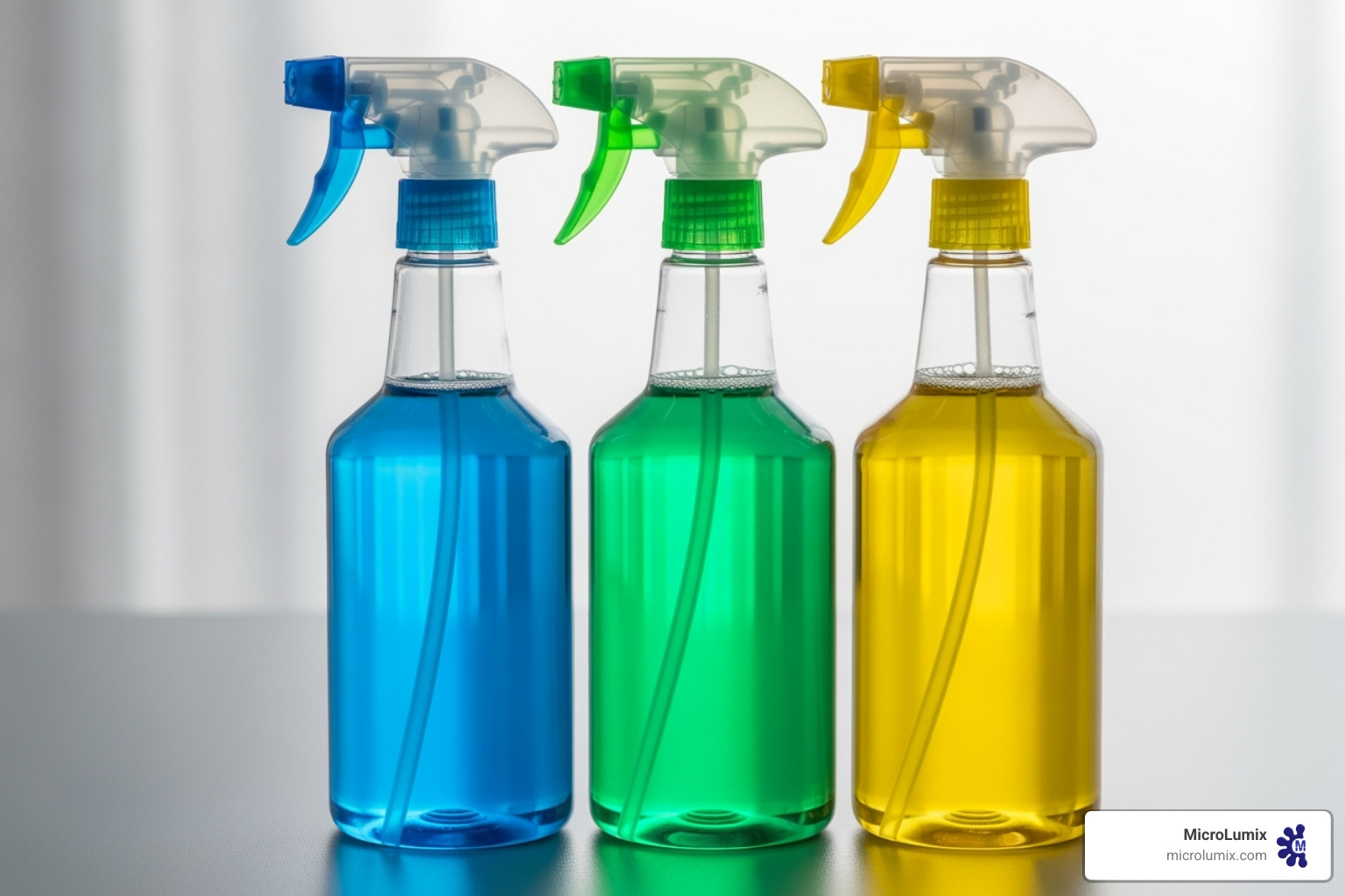 Image of three spray bottles labeled "Cleaner," "Sanitizer," and "Disinfectant" - Disinfecting high touch areas