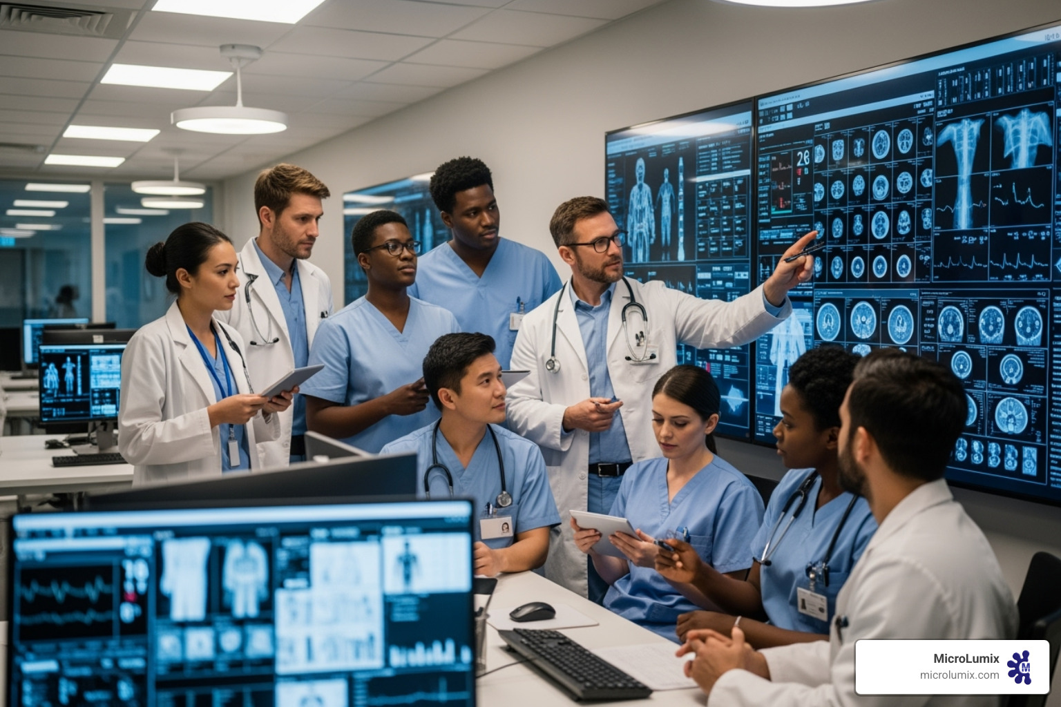 diverse clinical team collaborating around a large data screen - hospital safety technology diverse clinical team collaborating around a large data screen - hospital safety technology