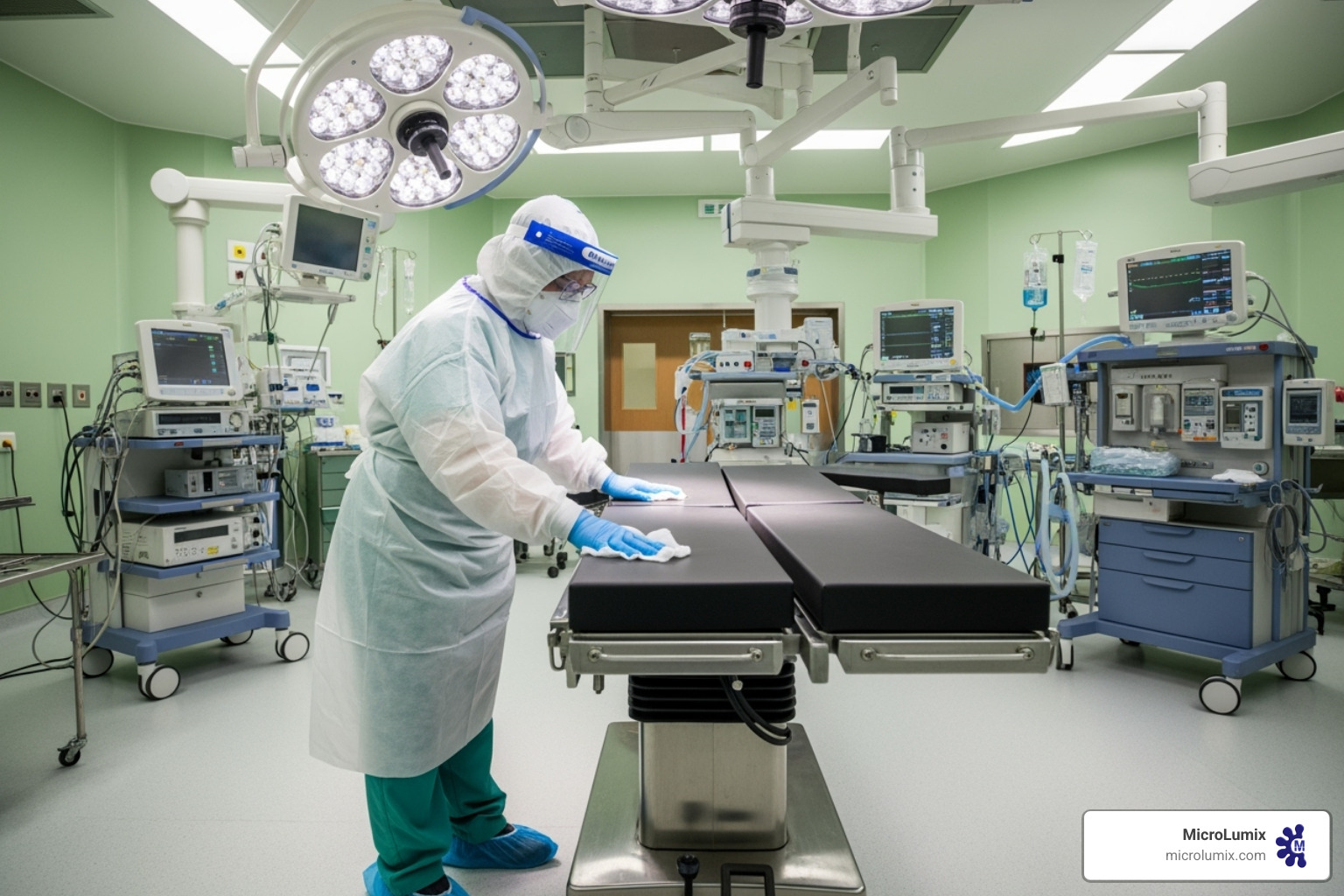 A healthcare worker in PPE cleaning an operating table - Operating room hygiene A healthcare worker in PPE cleaning an operating table - Operating room hygiene