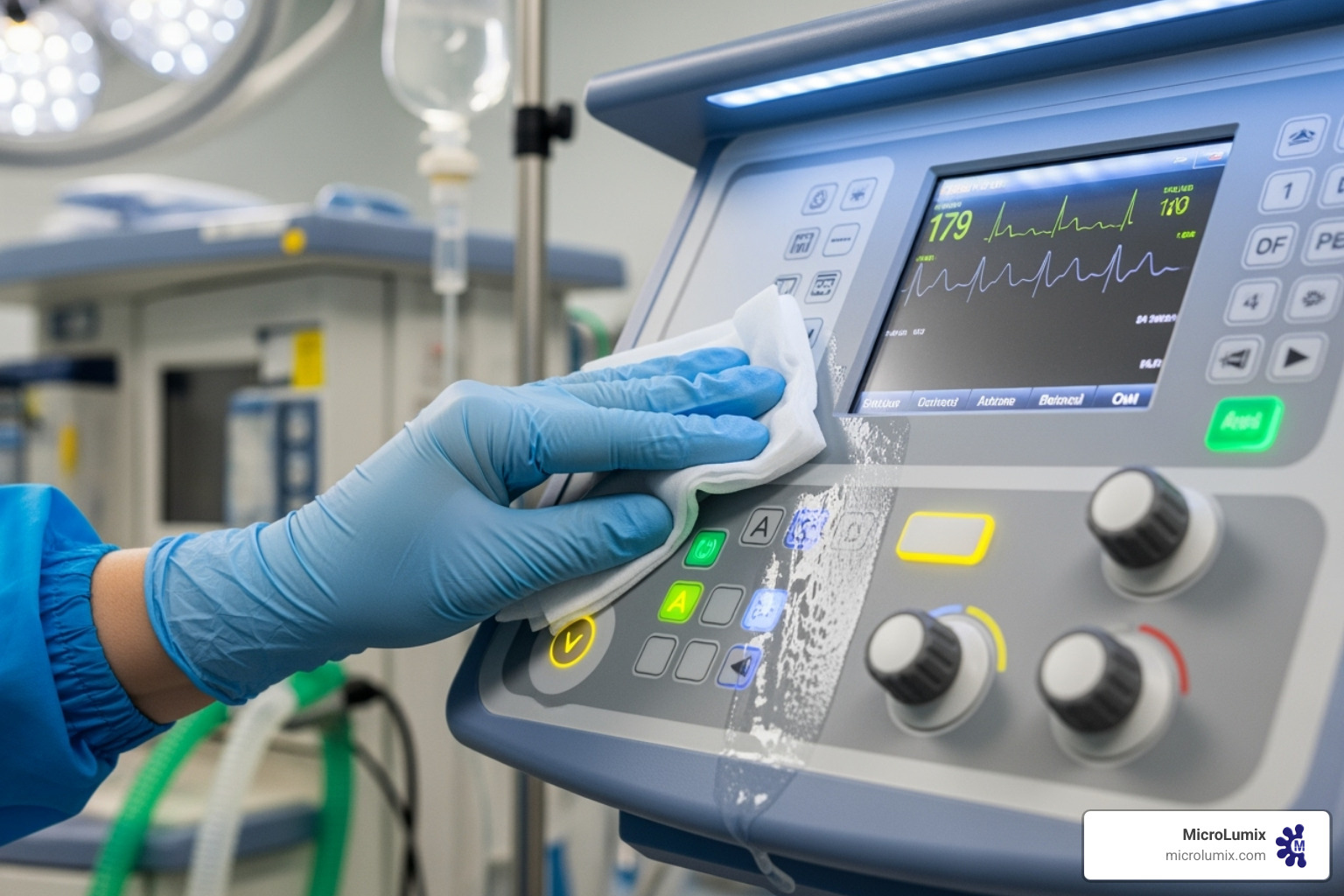 A gloved hand wiping a control panel - Operating room hygiene A gloved hand wiping a control panel - Operating room hygiene