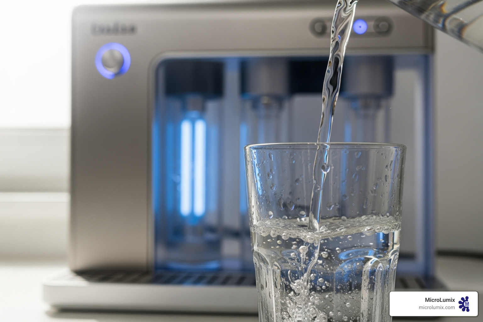 A clear glass of clean water being poured, with a sleek UV water treatment system visible in the background, suggesting purity and advanced technology - ultraviolet uv filter
