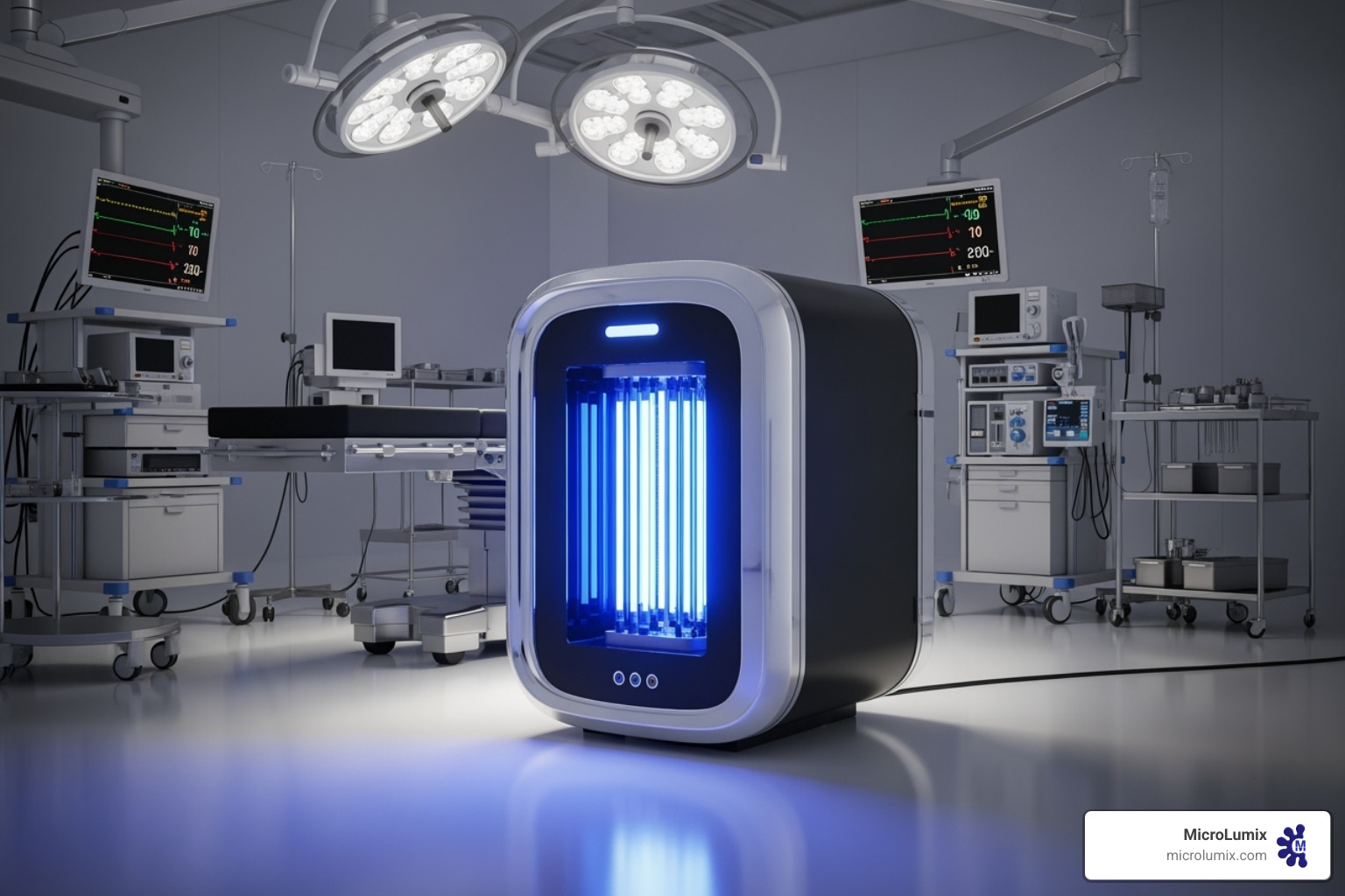 A futuristic MicroLumix UVC disinfection device in an OR - Operating room hygiene A futuristic MicroLumix UVC disinfection device in an OR - Operating room hygiene