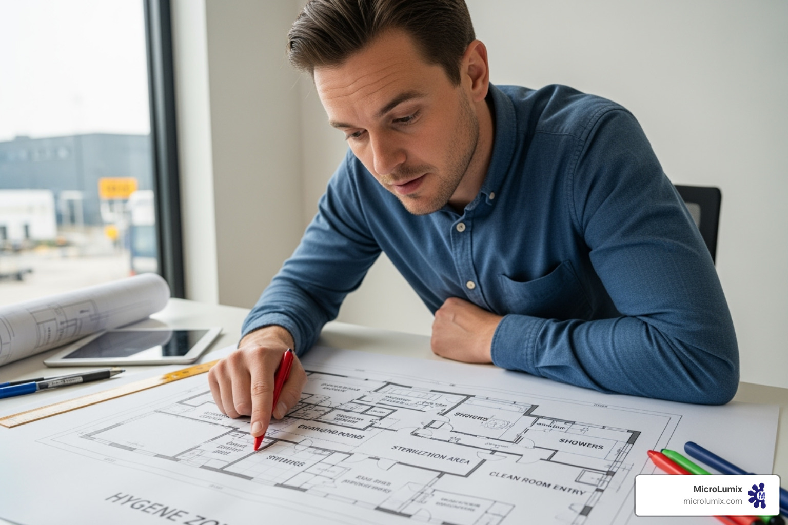 Facility manager planning a hygiene zone on a blueprint - Automated hygiene solutions