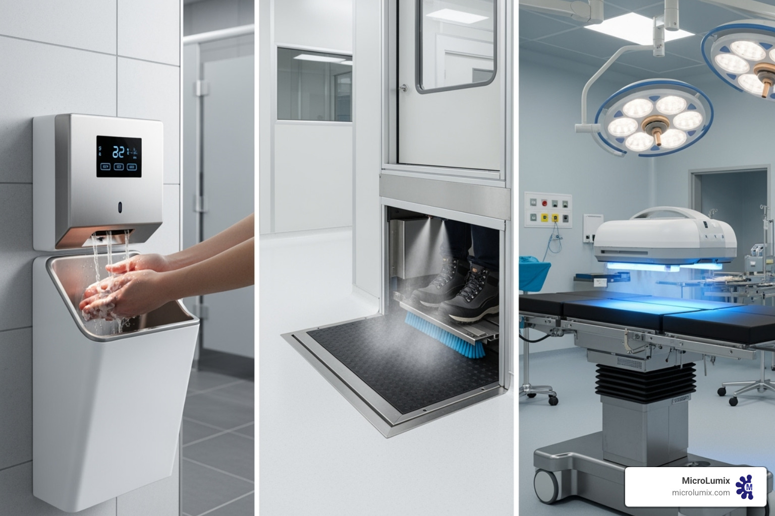 Collage showing MicroLumix automated hygiene equipment in action - Automated hygiene solutions