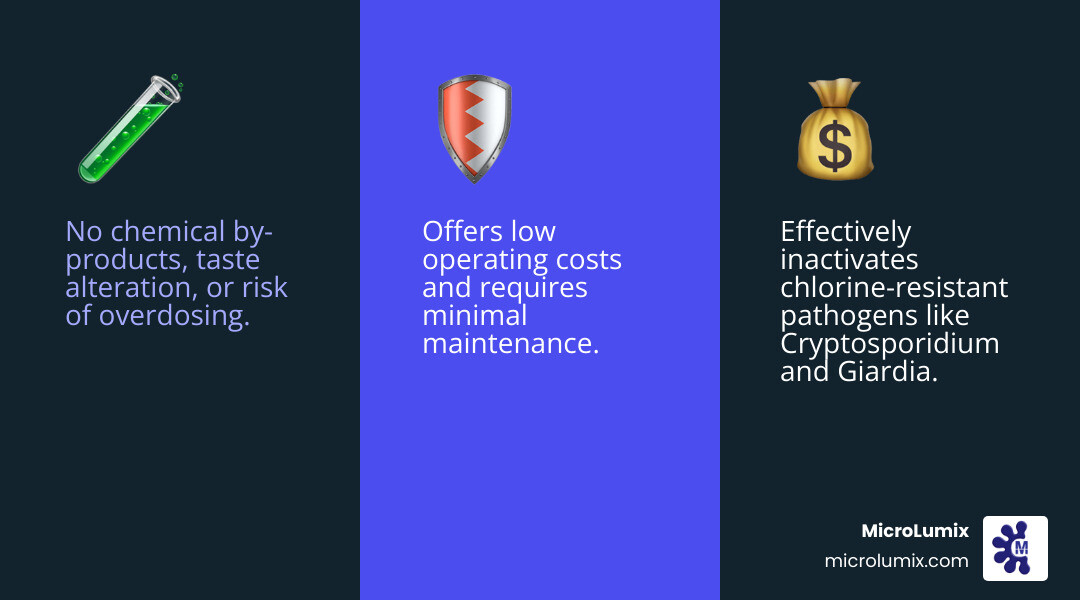 Infographic detailing the benefits of UVC water purification, including no chemicals, no taste/odor change, effective against resistant pathogens, and low maintenance. - uvc disinfection systems infographic 3_facts_emoji_blue Infographic detailing the benefits of UVC water purification, including no chemicals, no taste/odor change, effective against resistant pathogens, and low maintenance. - uvc disinfection systems infographic 3_facts_emoji_blue