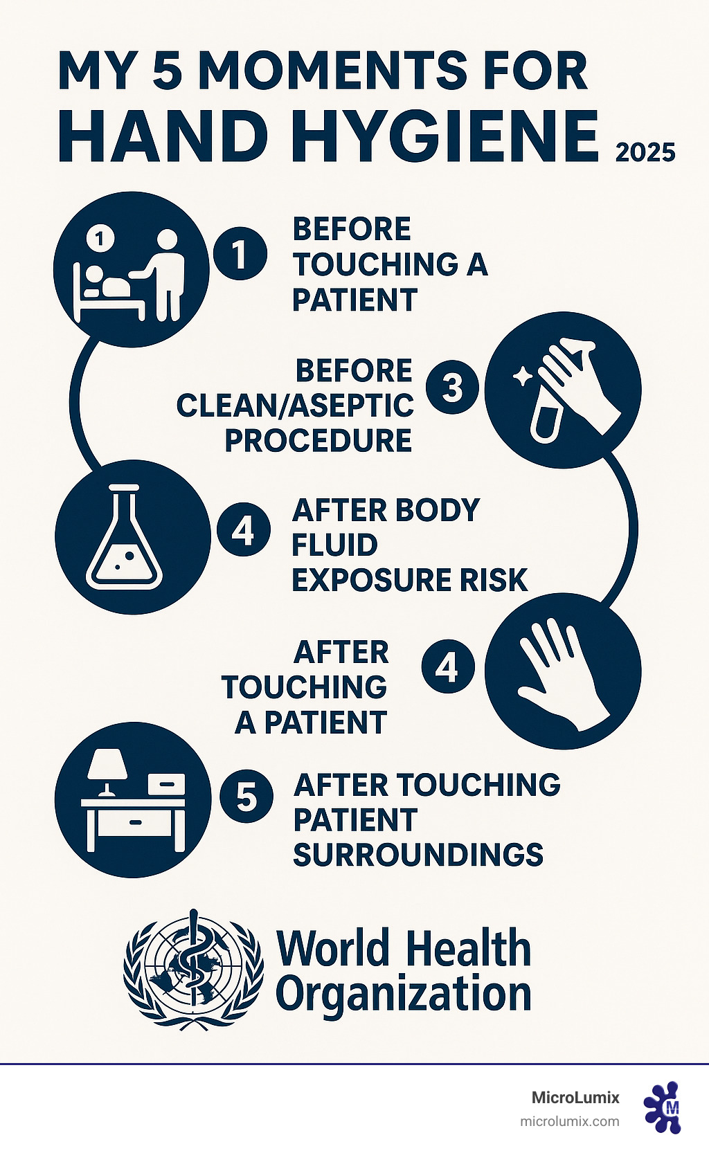 WHO's "My 5 Moments for Hand Hygiene" poster - infection prevention strategies infographic WHO's "My 5 Moments for Hand Hygiene" poster - infection prevention strategies infographic