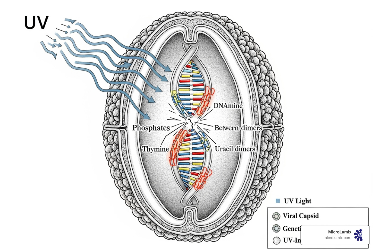 Illustrating UVC light damaging the DNA and RNA of a virus - uvc decontamination systems Illustrating UVC light damaging the DNA and RNA of a virus - uvc decontamination systems
