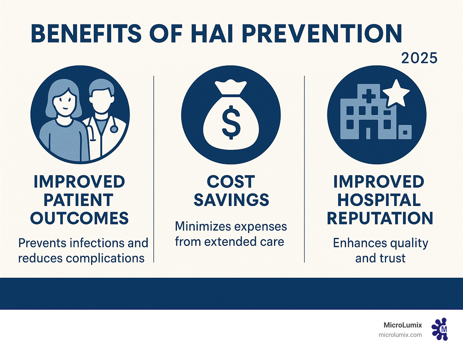 Comprehensive infographic explaining the core benefits of HAI prevention: improved patient outcomes, significant cost savings, and improved hospital reputation. - benefits of preventing hospital acquired infections infographic Comprehensive infographic explaining the core benefits of HAI prevention: improved patient outcomes, significant cost savings, and improved hospital reputation. - benefits of preventing hospital acquired infections infographic
