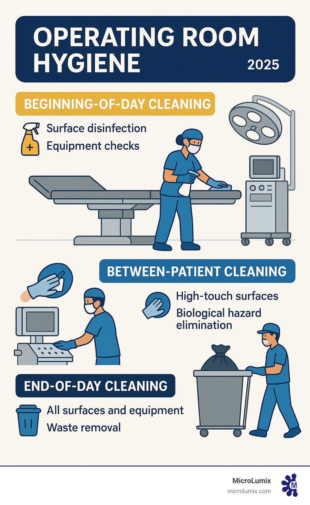 Comprehensive infographic showing the three essential operating room cleaning cycles: Beginning-of-Day baseline cleaning with surface disinfection and equipment checks, Between-Patient turnover cleaning focusing on high-touch surfaces and biological hazard elimination, and End-of-Day terminal cleaning covering all surfaces, equipment, and waste management procedures - Operating room hygiene infographic Comprehensive infographic showing the three essential operating room cleaning cycles: Beginning-of-Day baseline cleaning with surface disinfection and equipment checks, Between-Patient turnover cleaning focusing on high-touch surfaces and biological hazard elimination, and End-of-Day terminal cleaning covering all surfaces, equipment, and waste management procedures - Operating room hygiene infographic