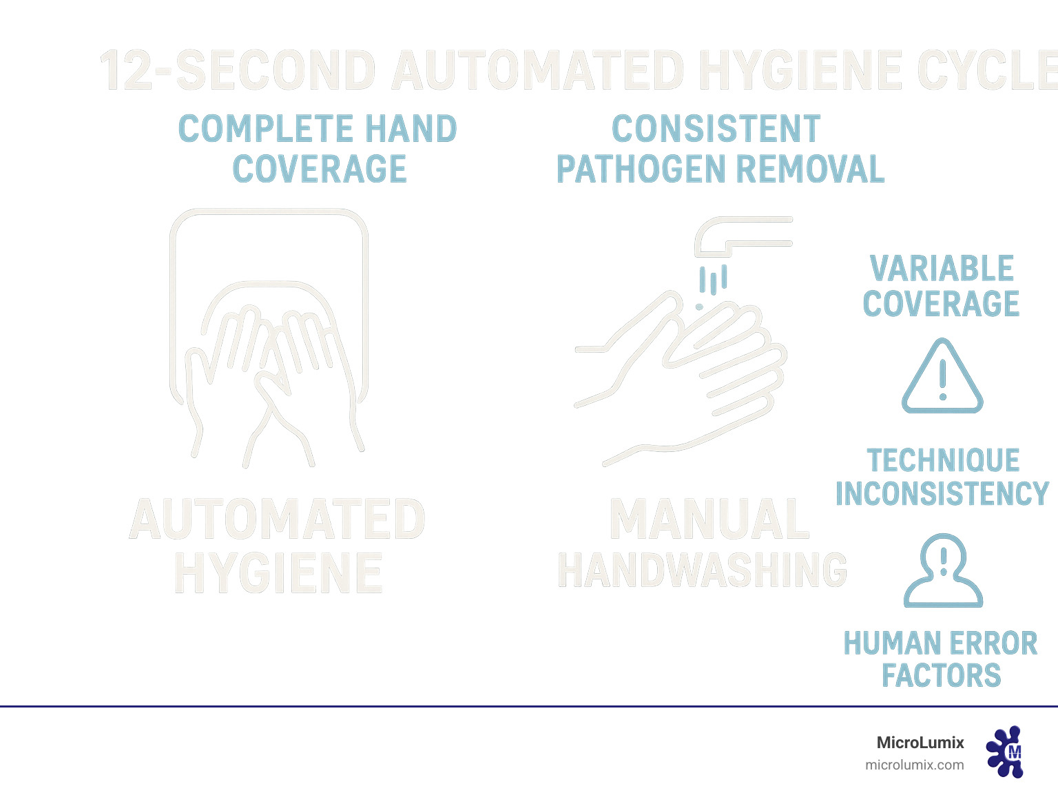 Infographic comparing 12-second automated hygiene cycle showing complete hand coverage and consistent pathogen removal versus manual handwashing with variable coverage, technique inconsistency, and human error factors - Automated hygiene solutions infographic 