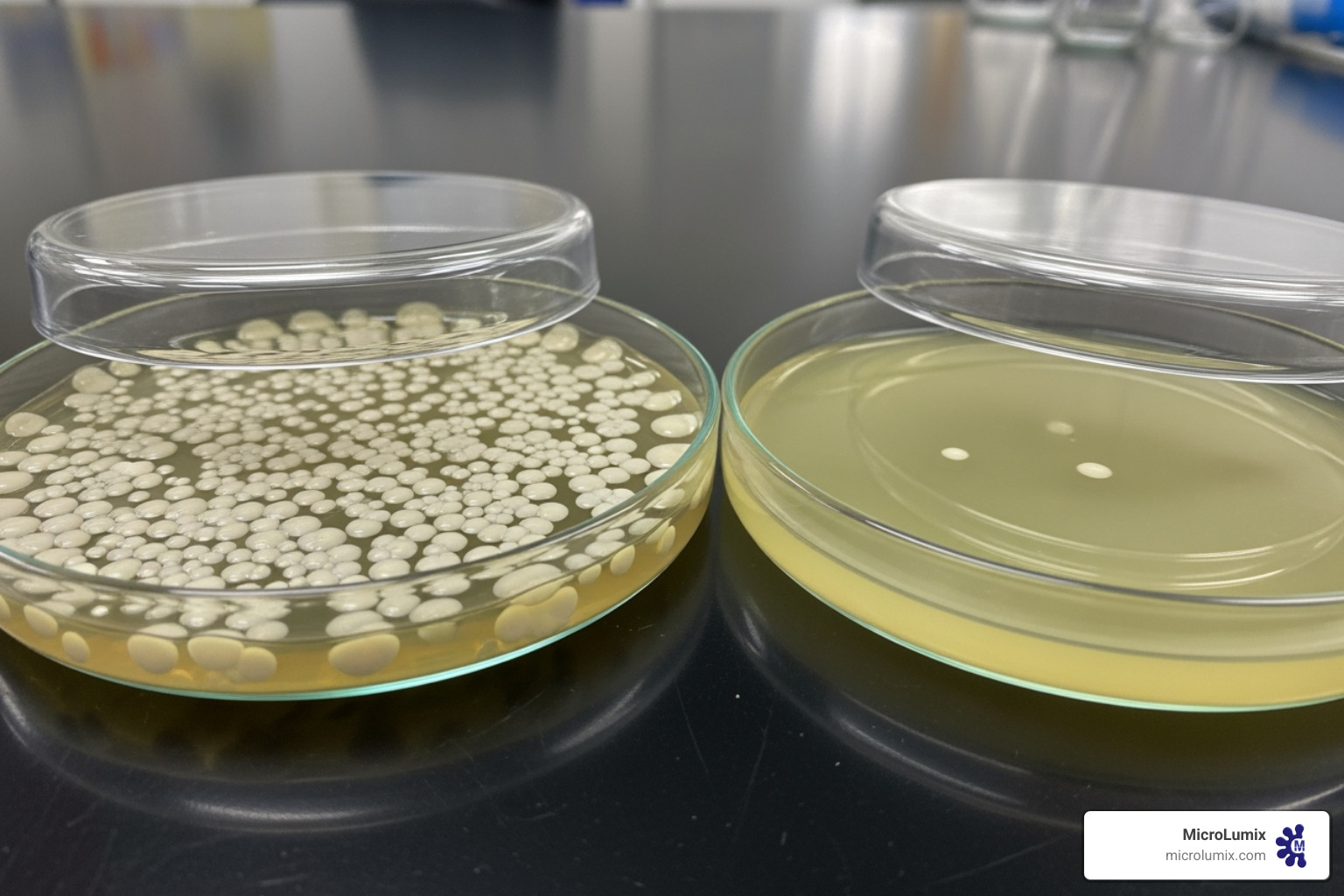 Petri dishes showing bacterial growth before UVC exposure (left) and significantly reduced or no bacterial growth after UVC exposure (right). - UVC surface sterilization Petri dishes showing bacterial growth before UVC exposure (left) and significantly reduced or no bacterial growth after UVC exposure (right). - UVC surface sterilization