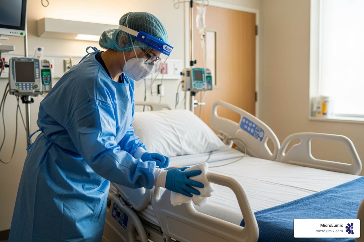 staff member wiping down a high-touch surface like a bed rail - patient room disinfection staff member wiping down a high-touch surface like a bed rail - patient room disinfection