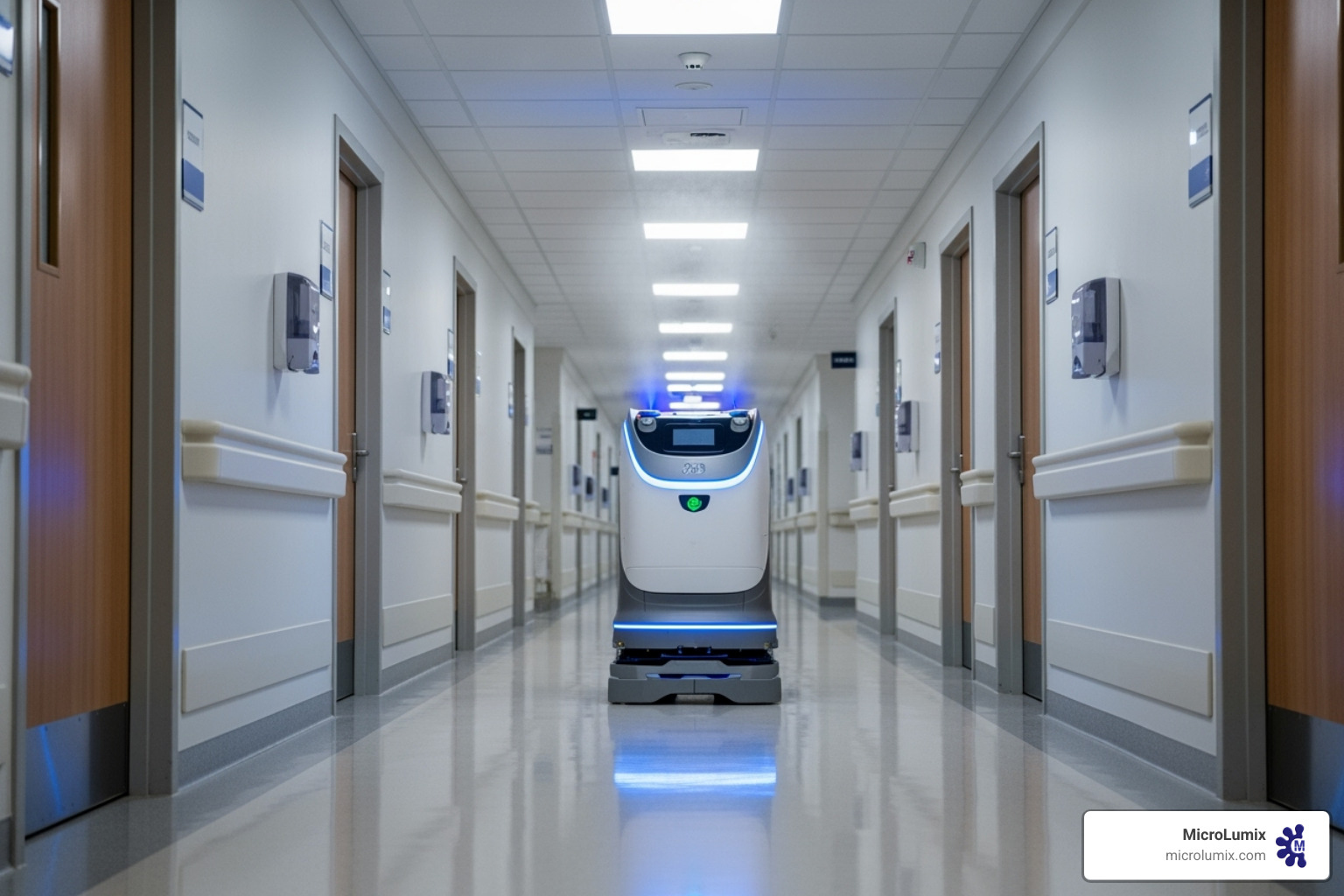A hospital corridor being cleaned by an automated disinfection robot - Automated cleaning solutions