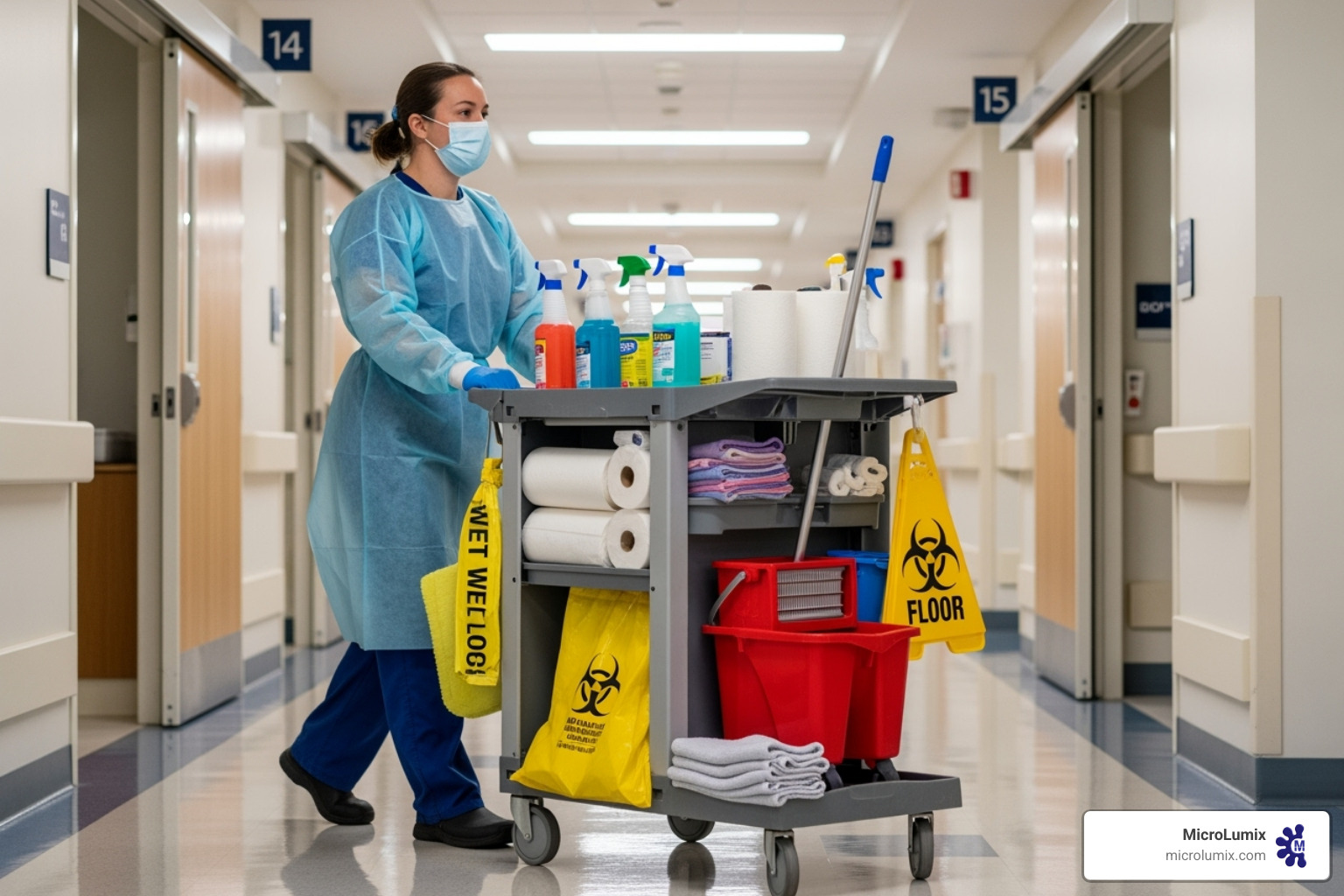 environmental services professional with a fully stocked cleaning cart and proper PPE - patient room disinfection environmental services professional with a fully stocked cleaning cart and proper PPE - patient room disinfection
