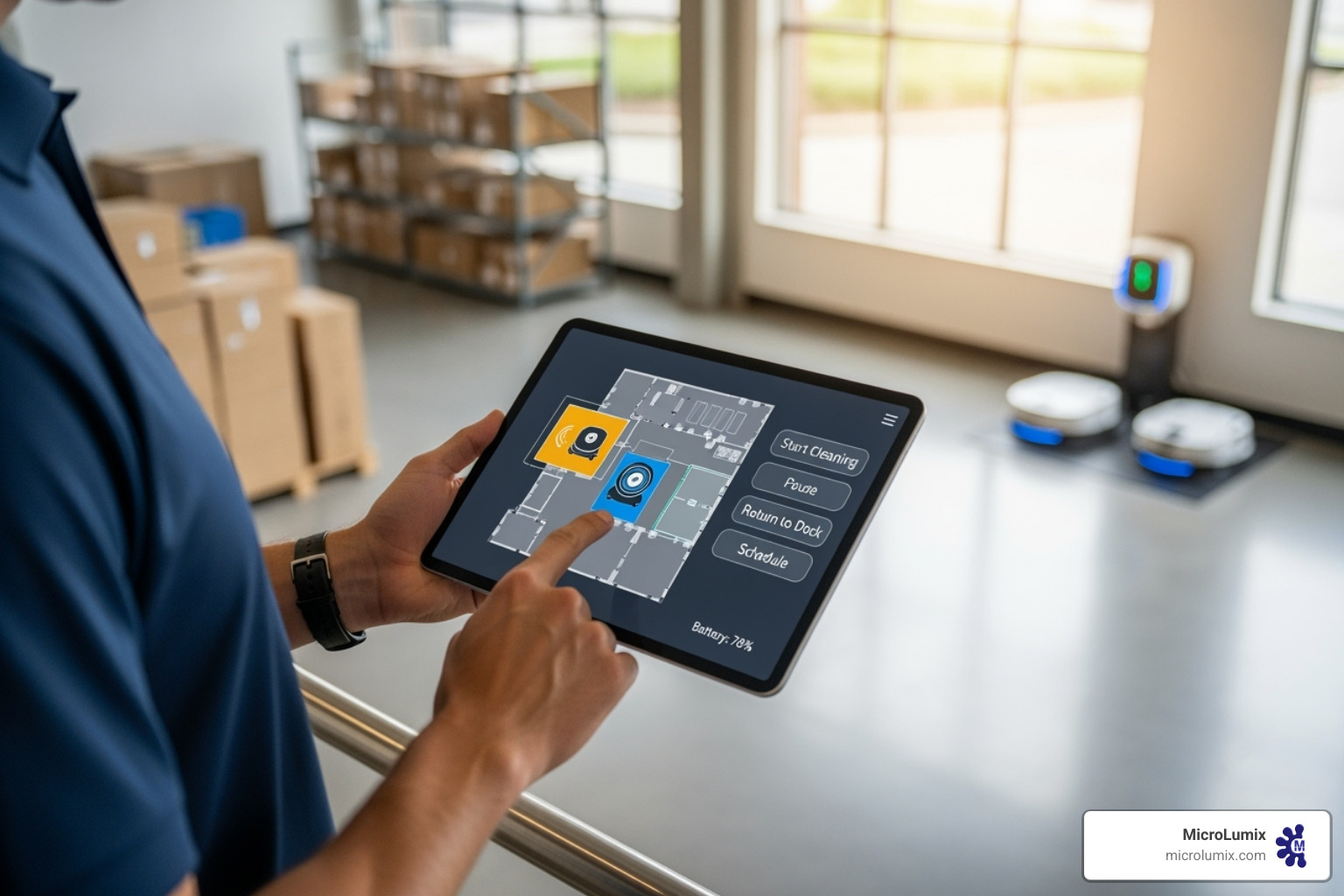 A user interacting with a cleaning robot's interface on a tablet - Automated cleaning solutions