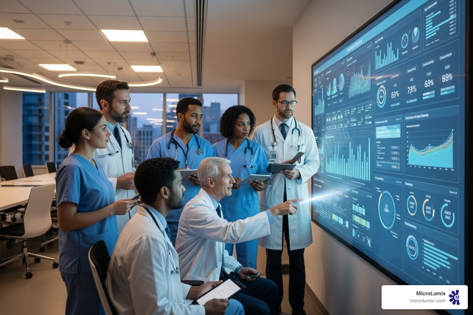 Diverse team of healthcare professionals collaborating around a digital dashboard showing facility safety metrics - Healthcare safety solutions
