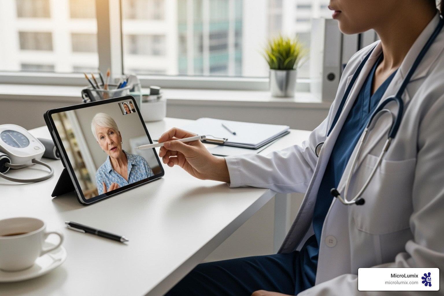 healthcare worker using a tablet for remote patient consultation - infection control technology healthcare worker using a tablet for remote patient consultation - infection control technology