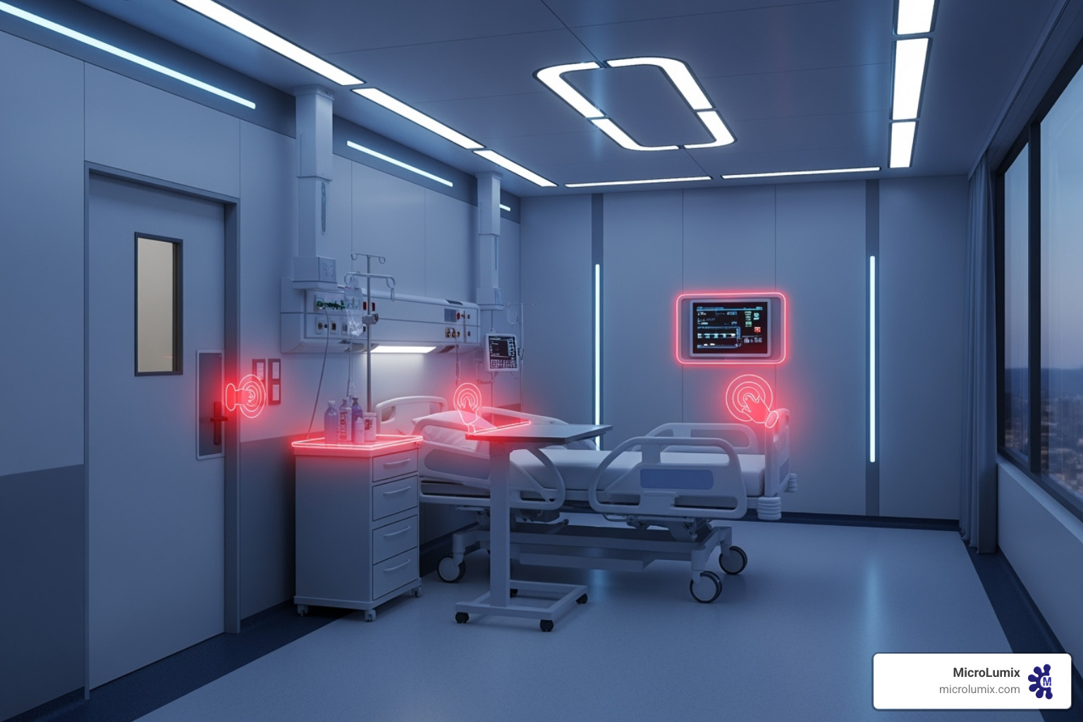 A conceptual smart hospital with integrated MicroLumix disinfection systems, showing touchpoints glowing with disinfection activity - automated disinfection technology A conceptual smart hospital with integrated MicroLumix disinfection systems, showing touchpoints glowing with disinfection activity - automated disinfection technology