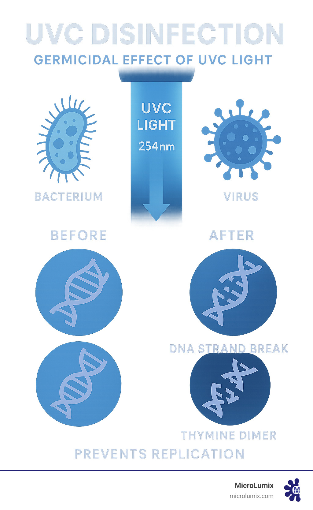Infographic showing how UVC light at 254nm wavelength penetrates bacterial and viral cells, causing DNA strand breaks and thymine dimer formation that prevents replication, with visual representations of before and after cellular damage - uvc disinfection systems infographic Infographic showing how UVC light at 254nm wavelength penetrates bacterial and viral cells, causing DNA strand breaks and thymine dimer formation that prevents replication, with visual representations of before and after cellular damage - uvc disinfection systems infographic