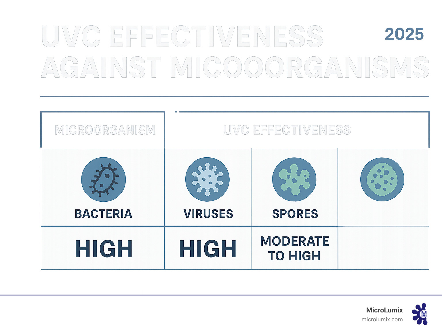 Table comparing UVC effectiveness on bacteria, viruses, and spores - UVC light sanitization infographic Table comparing UVC effectiveness on bacteria, viruses, and spores - UVC light sanitization infographic
